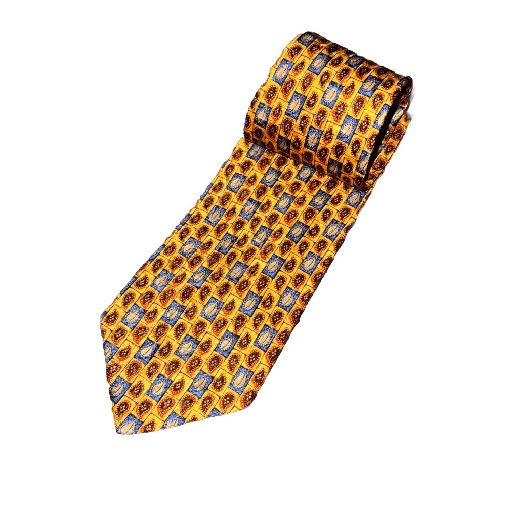 Ermenegildo Zegna Men's Yellow Geometric 100% Silk Neck Tie Made In Italy 🇮🇹